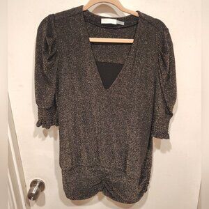 Ramy Brook Metallic Shimmer Stretch Knit Flora Puff Sleeve Top XL Ruched -Party